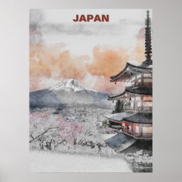 Akvarell Mt. Fuji & Japansk Pagod – Japans land Poster
