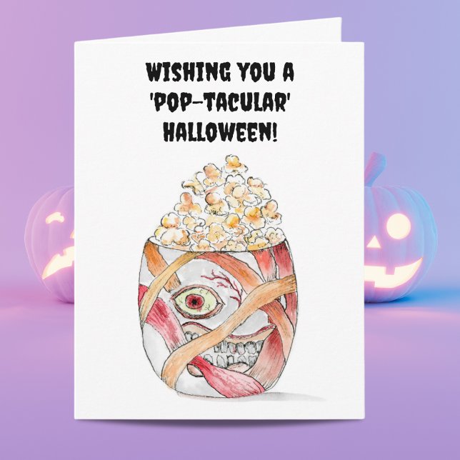 Akvarell Mummy Popcorn Gott Halloween Kort (A fun unique watercolor Popcorn Halloween card for family and friends.)