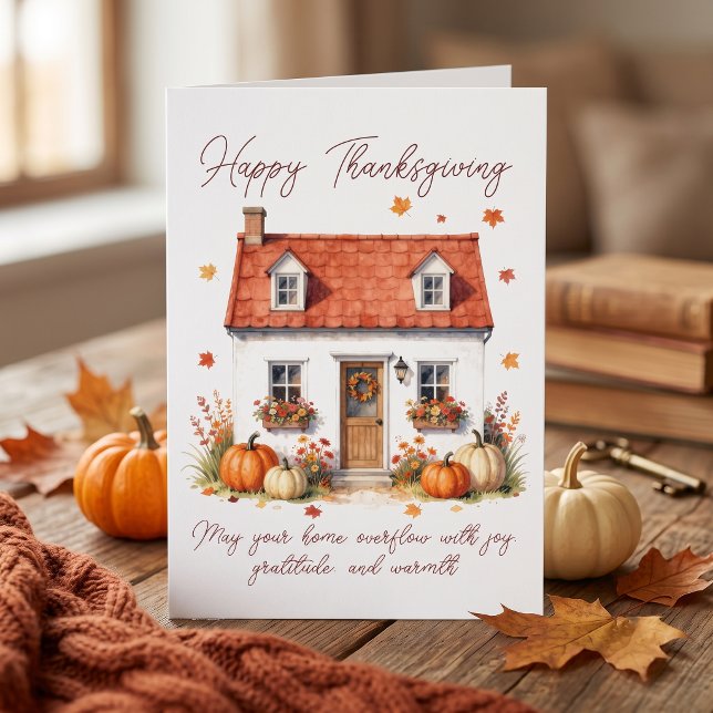 Akvarell Mysiga Höst Stuga Pumpa Tacksgiving Kort (Skapare uppladdad)