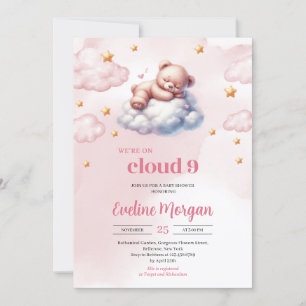 Akvarell nallebjörn moln nio flicka baby shower inbjudningar