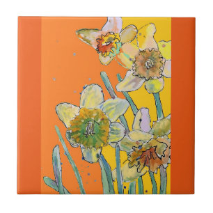 Akvarell Narciss Blomma Blommig Orange Gul Kakelplatta