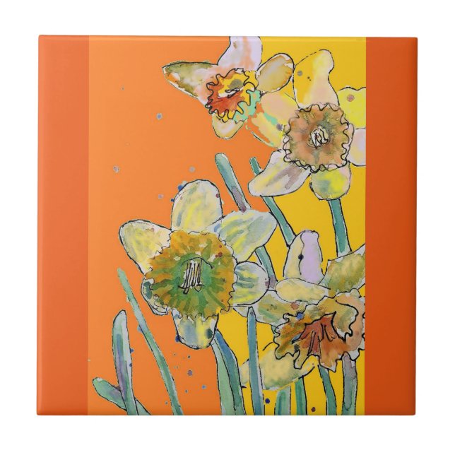 Akvarell Narciss Blomma Blommig Orange Gul Kakelplatta (Framsidan)