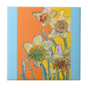 Akvarell Narcissblomma Blomma Orange Gul Kakelplatta