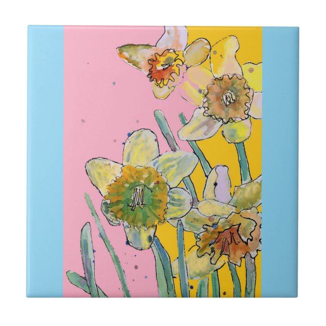Akvarell Narcissblomma Blomma Rosa Gul Blå Kakelplatta (Framsidan)