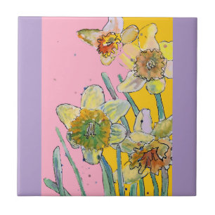 Akvarell Narcissblomma Blomma Rosa Gul Kakelplatta