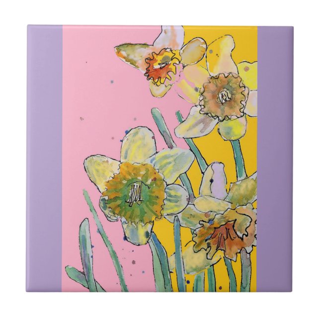 Akvarell Narcissblomma Blomma Rosa Gul  Kakelplatta (Framsidan)