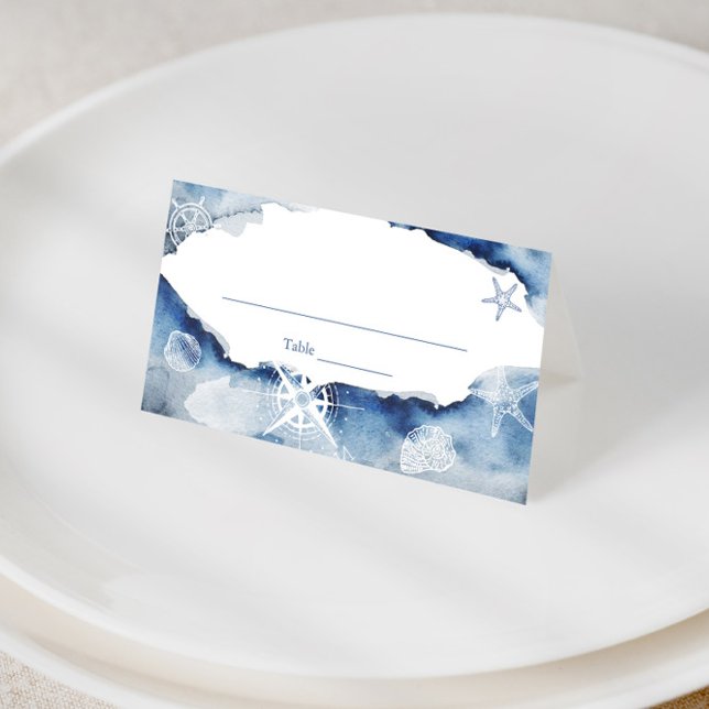 Akvarell Nautilus Bröllopsdusch eller Bröllop Placeringskort (Nautical inspired navy blue and white place cards)
