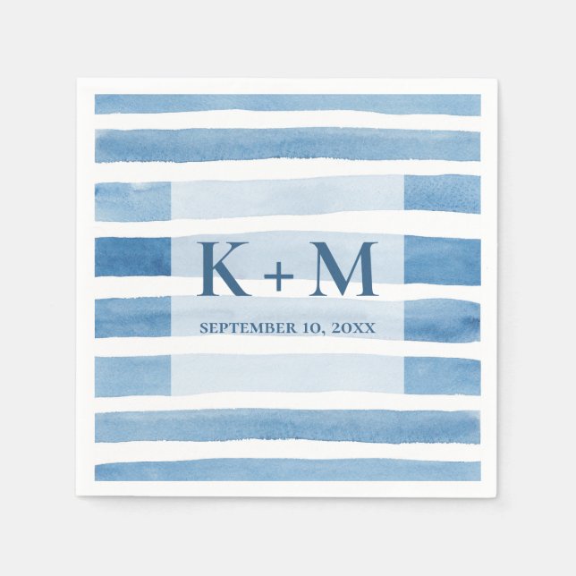 Akvarell nautiskt bröllop. Blå ränder monogram Pappersservett (Framsidan)