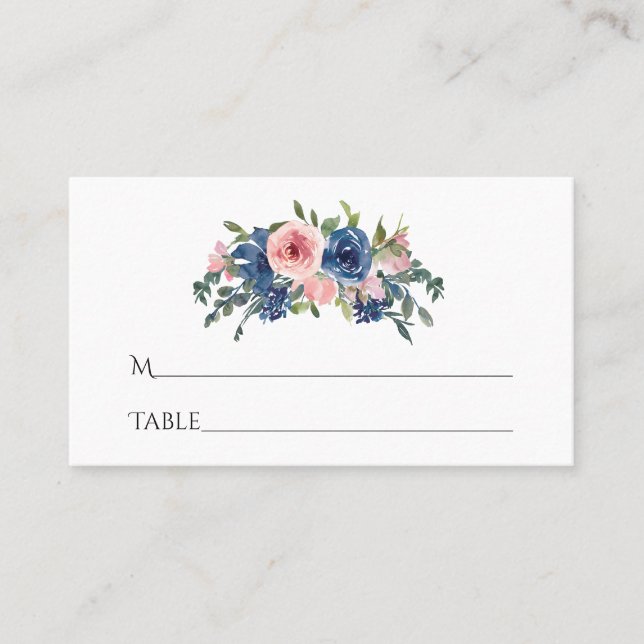 Akvarell Navy och Blush Blommig Bat Mitzvah Placeringskort (Framsida)