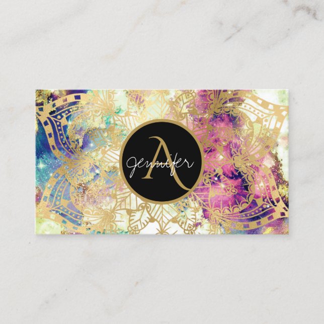 Akvarell nebulosa guld mandala modern monogram visitkort (Framsida)