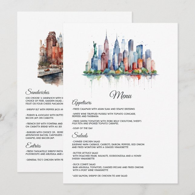 Akvarell New York Bröllop Meny (Fram/baksida)