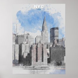 Akvarell New York City Siluett – Manhattan Vägg Poster