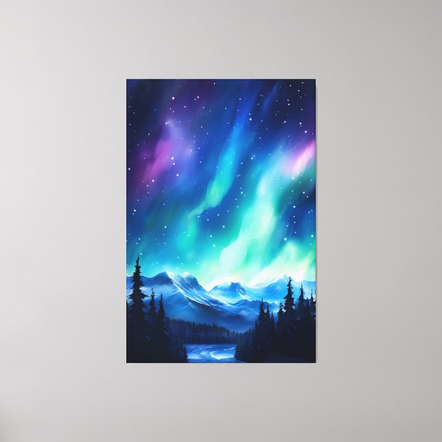 Akvarell Norrsken aurora borealis  Canvastryck (Framsida)