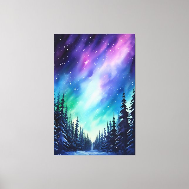 Akvarell Norrsken aurora borealis  Canvastryck (Framsida)
