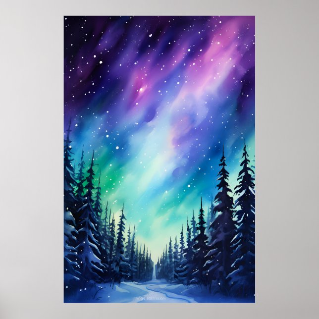 Akvarell Norrsken aurora borealis  Poster (Framsidan)