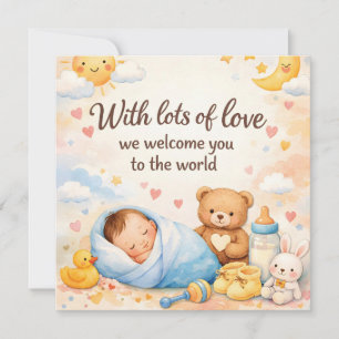 Akvarell Ny Bebis Välkomsthälsning med Teddy
