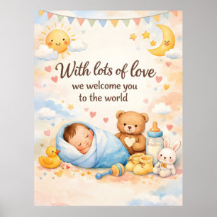 Akvarell Ny Bebis Välkomsthälsning med Teddy Poster