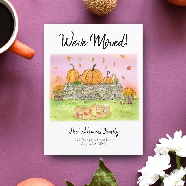Akvarell Ny Hem Höst Picknick Pumpa Meddelande Vykort (Welcome fall and your new home with this picturesque autumn announcement.)
