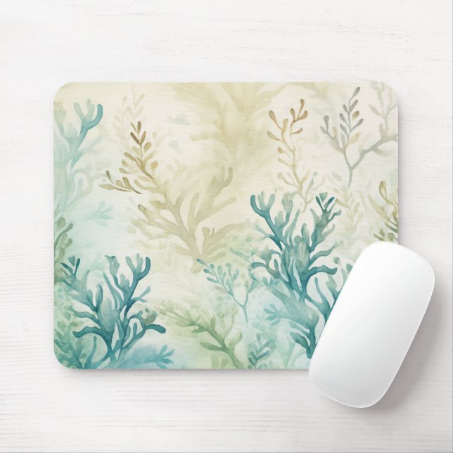 Akvarell Ocean Tång Växter Teal Beige Aqua  Musmatta (Med mus)