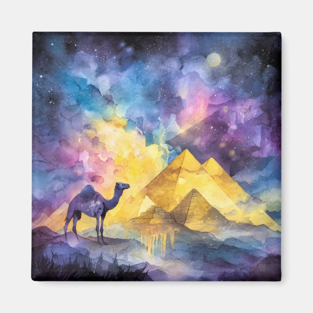 Akvarell Öken Galax Kamel Pyramid Resa Magnet (Framsidan)