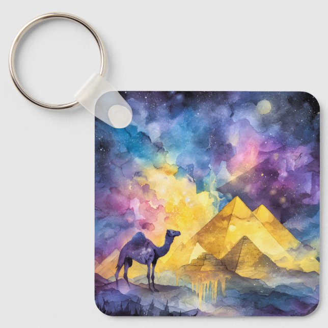 Akvarell Öken Galax Kamel Pyramid Resa Nyckelring (Framsida)