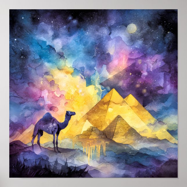 Akvarell Öken Galax Kamel Pyramid Resa Poster (Framsidan)