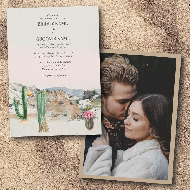 Akvarell Ökenkaktus Boho Bröllop Anpassad Foto Inbjudningar (Watercolor Desert Cactus Boho Wedding Custom Photo Invitation)