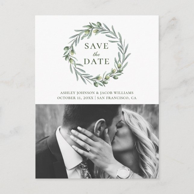 Akvarell oliv. Botanisk italiensk Save the Date Vykort (Framsida)