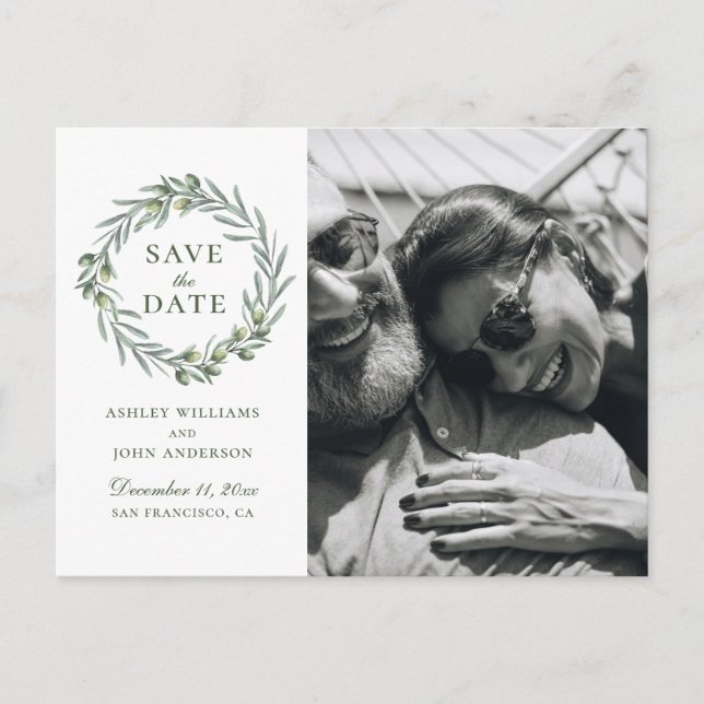 Akvarell oliv. Elegant italiensk Save the Date Vykort (Framsida)