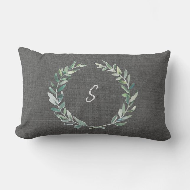 Akvarell olivkrans grått jute monogram lumbarkudde (Framsida)