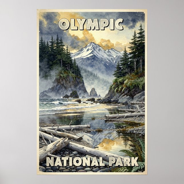 Akvarell Olympic National Park Retro Poster (Framsidan)