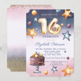 Akvarell Ombre Stjärnor Tårta Diamanter Sweet 16 Inbjudningar