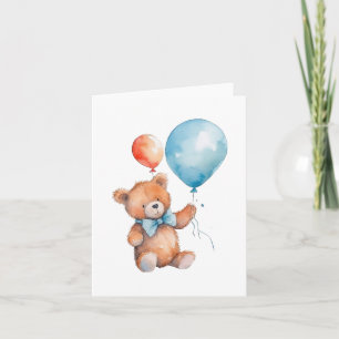 Akvarell Orange & Blå Ballonger Brun Teddybjörn Kort