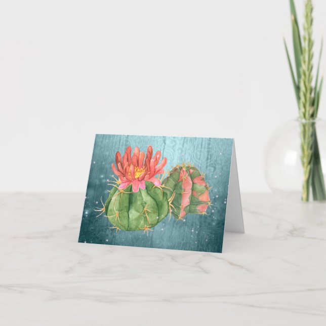 Akvarell Orange Blommande Kaktus teal-blå Tack Kort (Framsida)