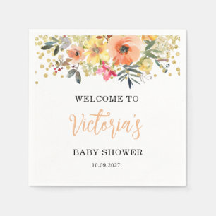 Akvarell Orange Blommig Baby Shower Pappersservett