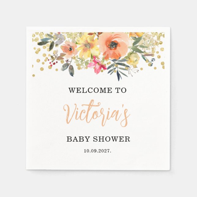 Akvarell Orange Blommig Baby Shower Pappersservett (Framsidan)