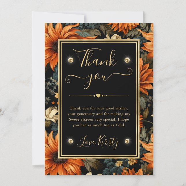 Akvarell Orange Brun Höstblad Sweet 16 Tack Kort (Framsida)