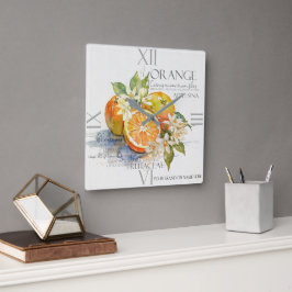 Akvarell Orange Citrusfrukt Med Blommor Fyrkantig Klocka