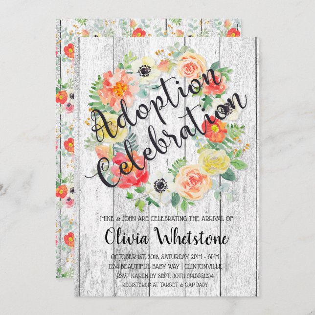 Akvarell Orange & Gul Krans Adoption Inbjudningar (Fram/baksida)