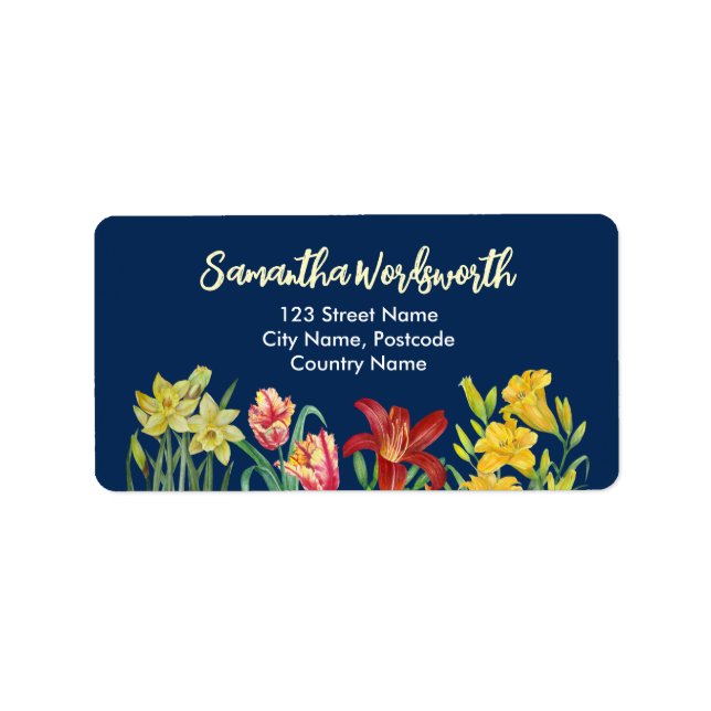 Akvarell Orange Gul Vårblommor Marinblå  Adressetikett (Framsidan)