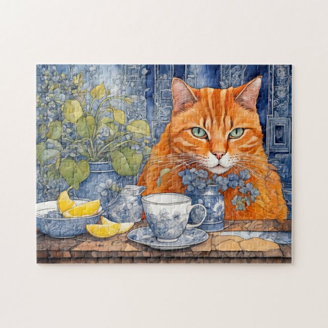 Akvarell Orange Katt med Citronte Pussel (Horisontell)