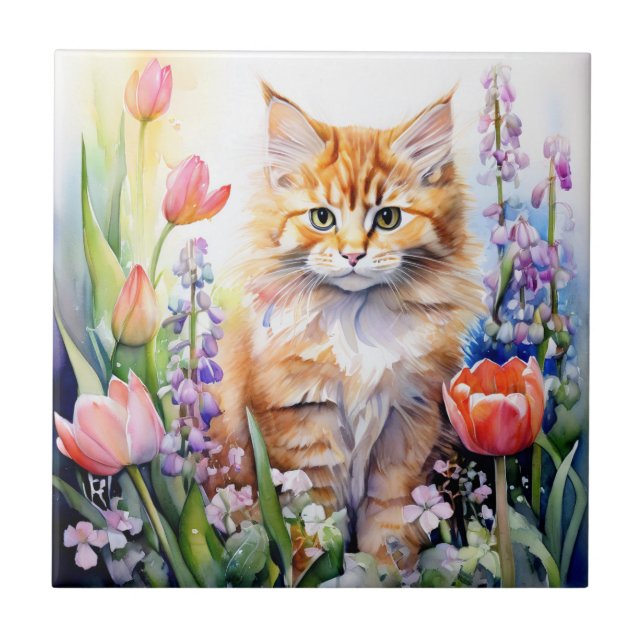 Akvarell Orange Kattrunge I Blomsterträdgård Kakelplatta (Framsidan)