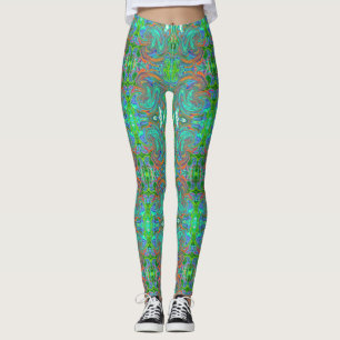 Akvarell, Orange och Grön Groovy Abstrakt Retro Ko Leggings