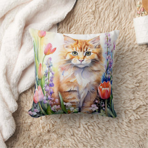 Akvarell Orange Tabby Katt i Blomsterträdgård Kudde