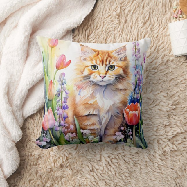 Akvarell Orange Tabby Katt i Blomsterträdgård Kudde (Filt)
