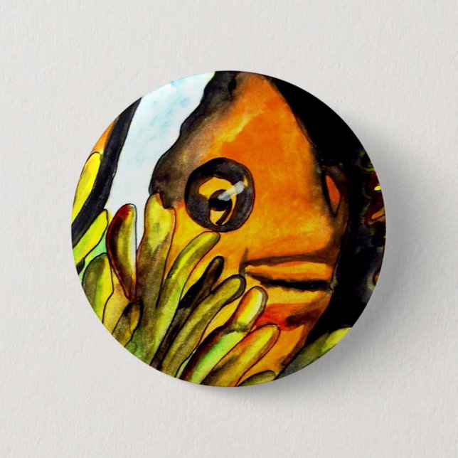 Akvarell original konst målning av orange clownfis knapp (Framsida)