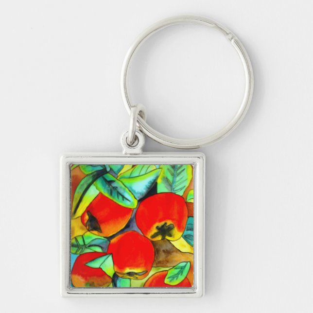 Akvarell original konstmålning röda äpplen fyrkantig silverfärgad nyckelring (Framsidan)