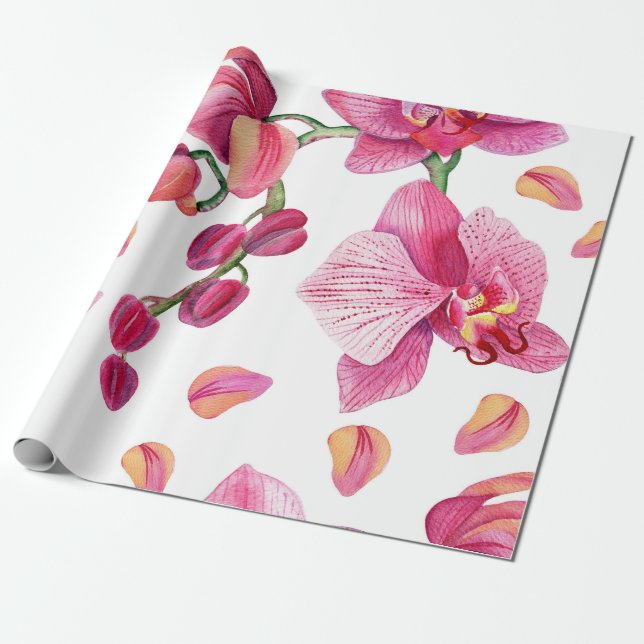 Akvarell Orkidéer Design 2  Presentpapper (Utrullad)