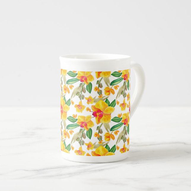 Akvarell Orkidéer Design 9 Benporslin Mugg (Framsida höger)