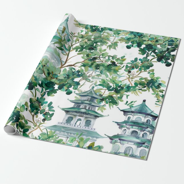 Akvarell Pagoder Olivskog Asiatiskt Landskap Presentpapper (Utrullad)